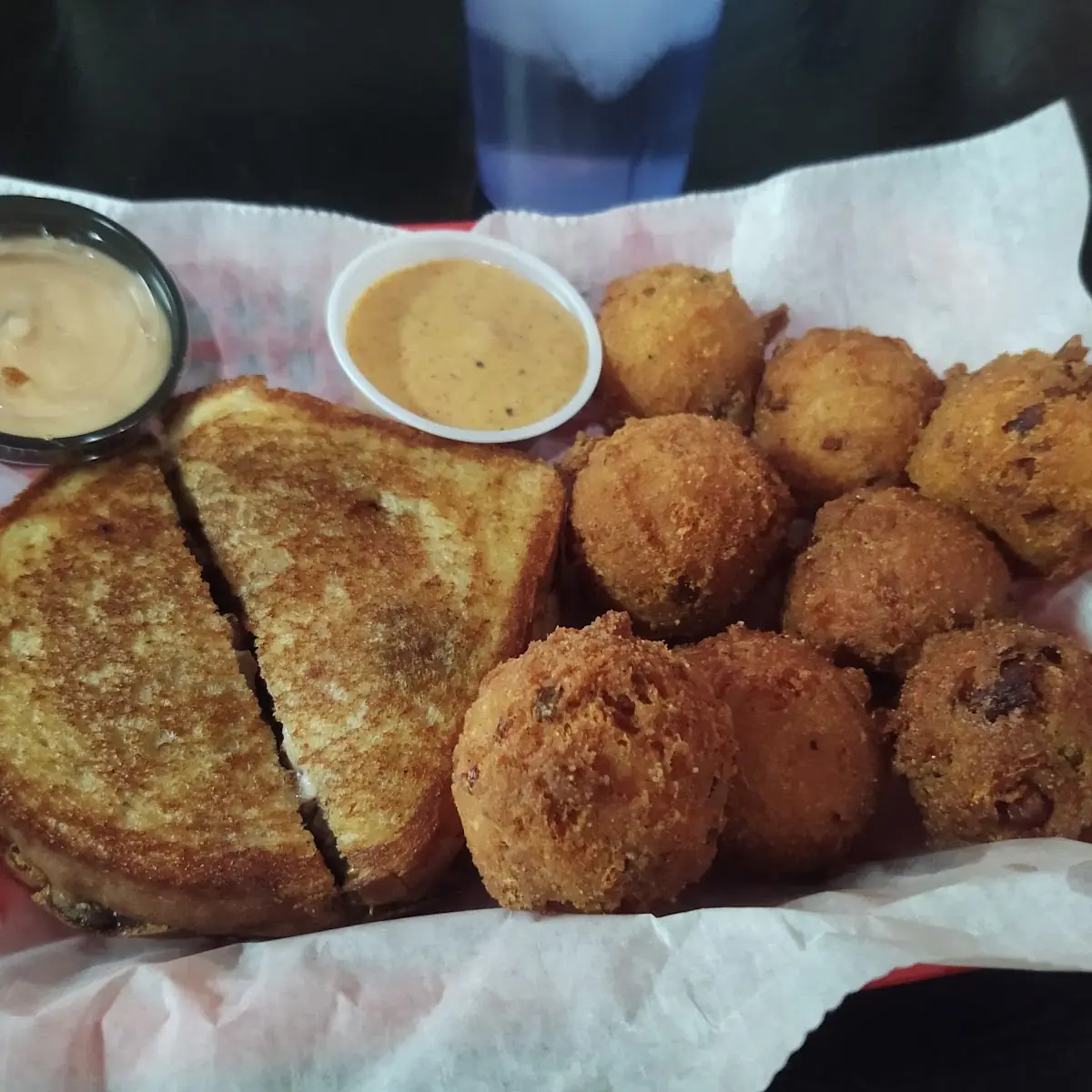 Patty Melt with Mushrooms & Bacon Cheese Hush Puppies