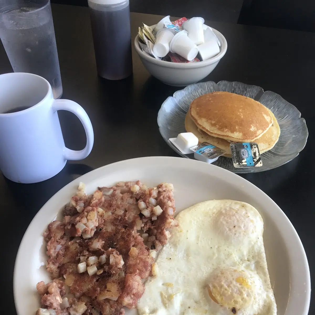Corned Beef Hash Eggs & Pancakes