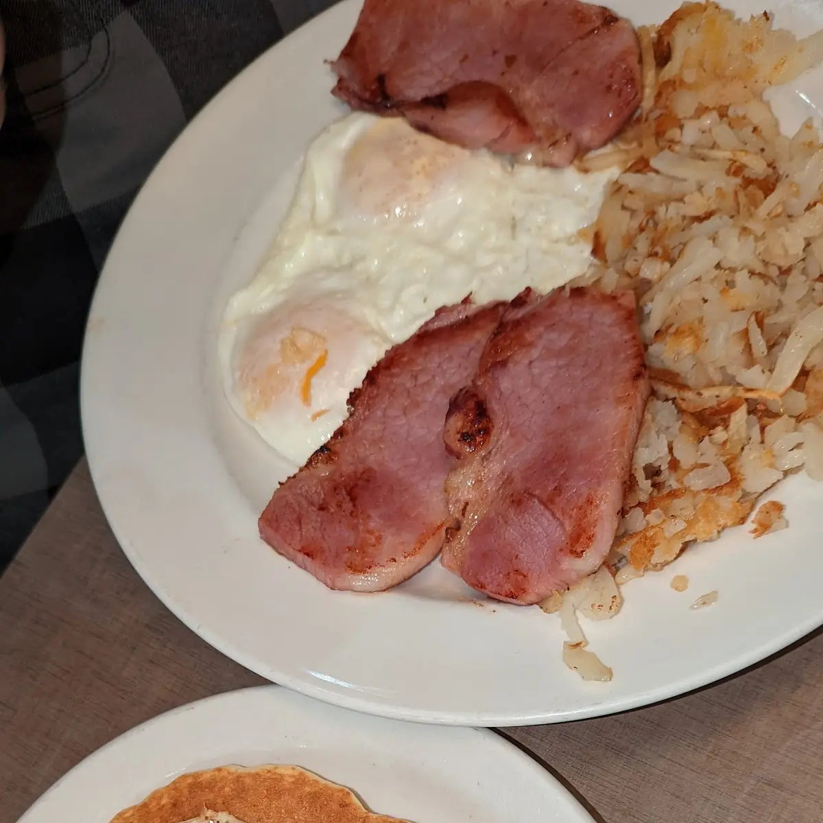 Eggs over Medium Ham Off the Bone Pancakes and Eggs