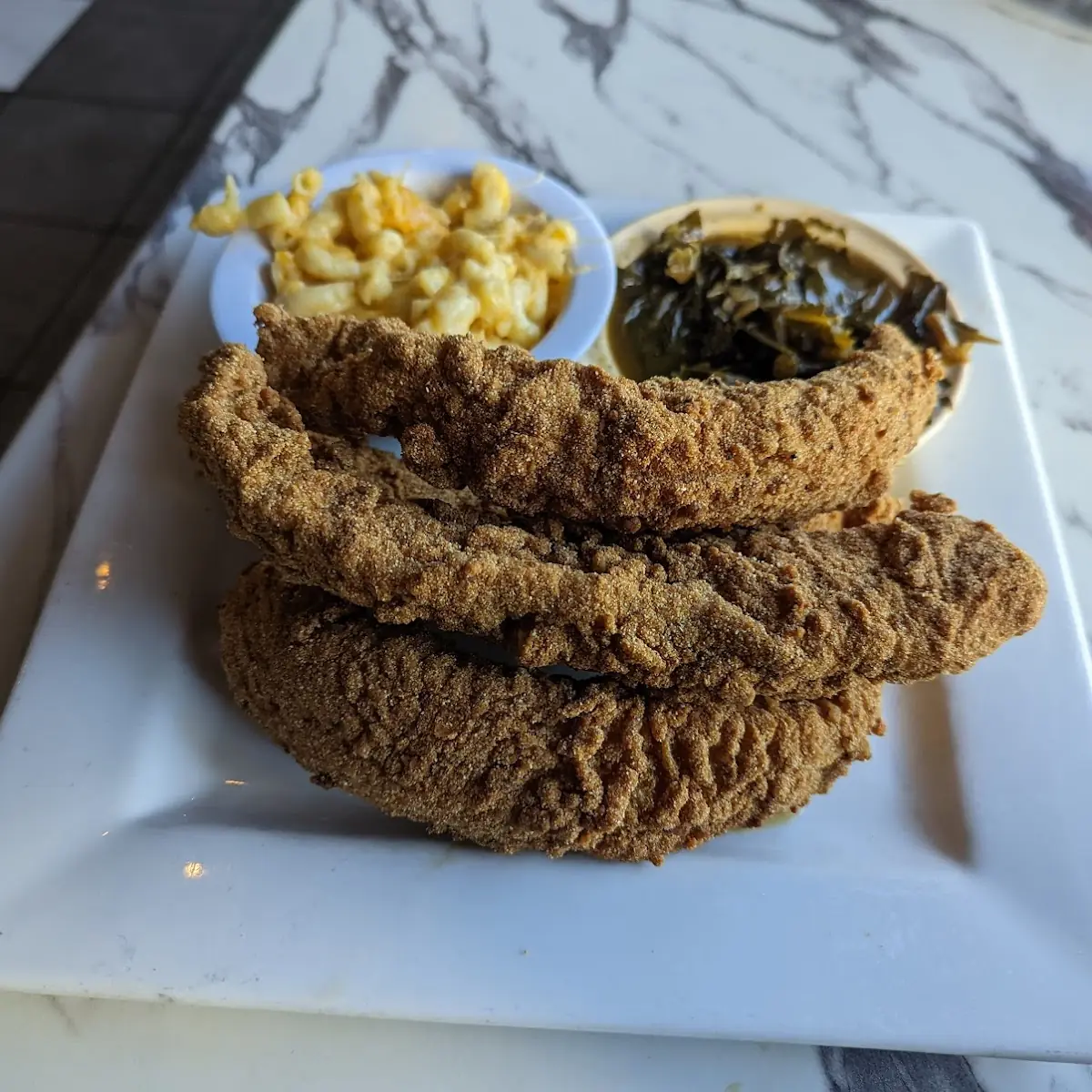 Fried Fish Collards and Mac and Cheese