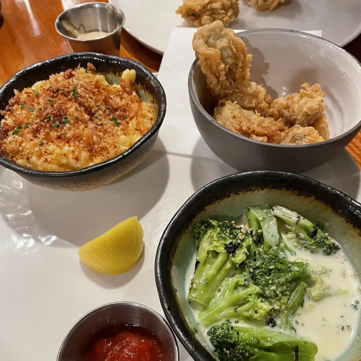 Fried Oysters with Broccoli and Mac and Cheese