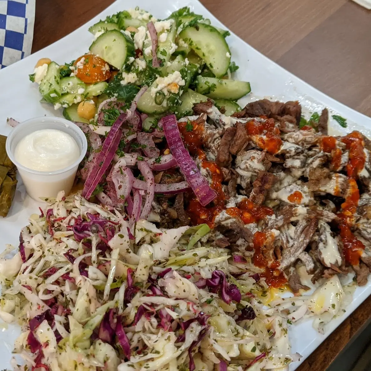 Levant Shawarma Plate with Turkish Cabbage Grape Leaves and Lebanese Salad
