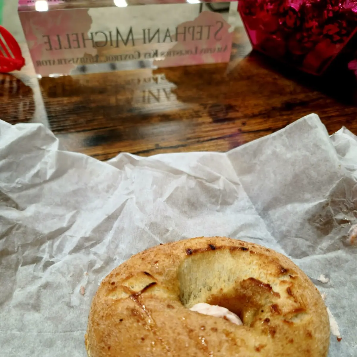Cinnamon Sugar Bagel with Strawberry Cream Cheese