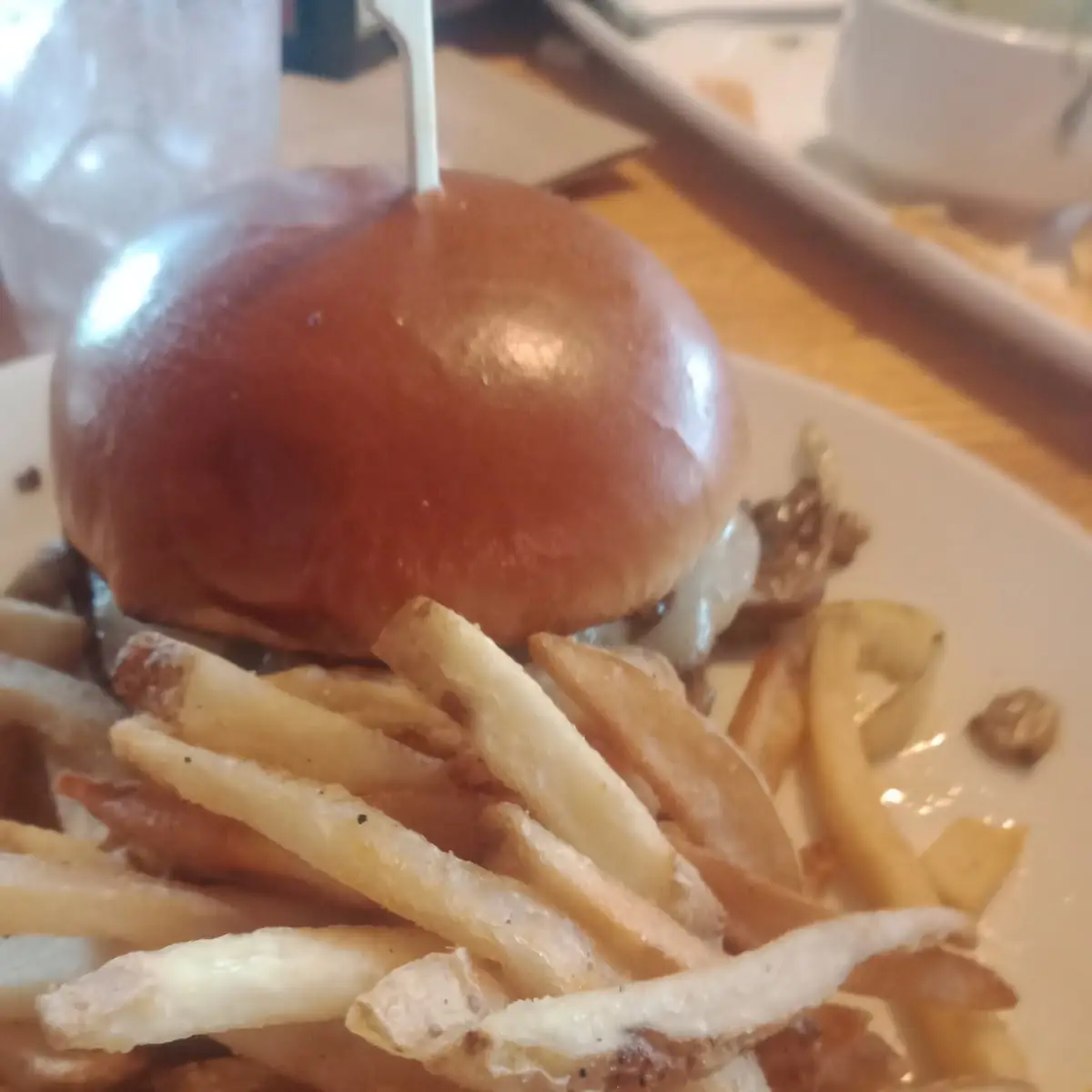 Burger and Fries with Swiss Mushroom Burger