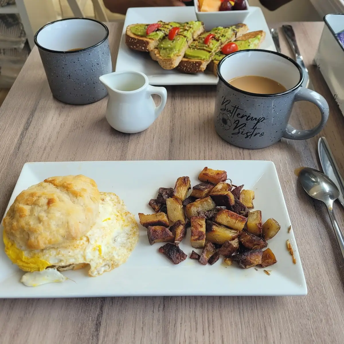 Buttermilk Biscuit with Fried Egg & Turkey Sausage and Roasted Potatoes