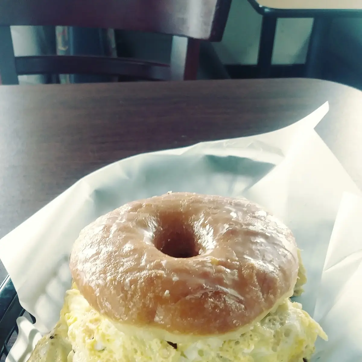 Breakfast Sandwich Rhe Works on Glazed Donut