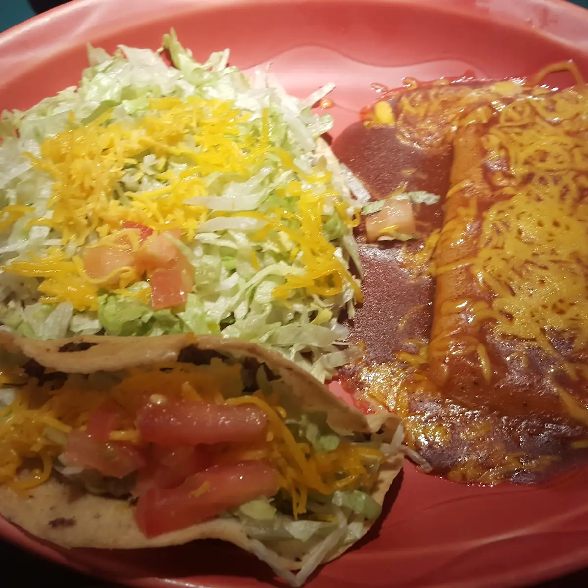 Chicken Enchilada Crispy Beef Taco with Rice and Beans