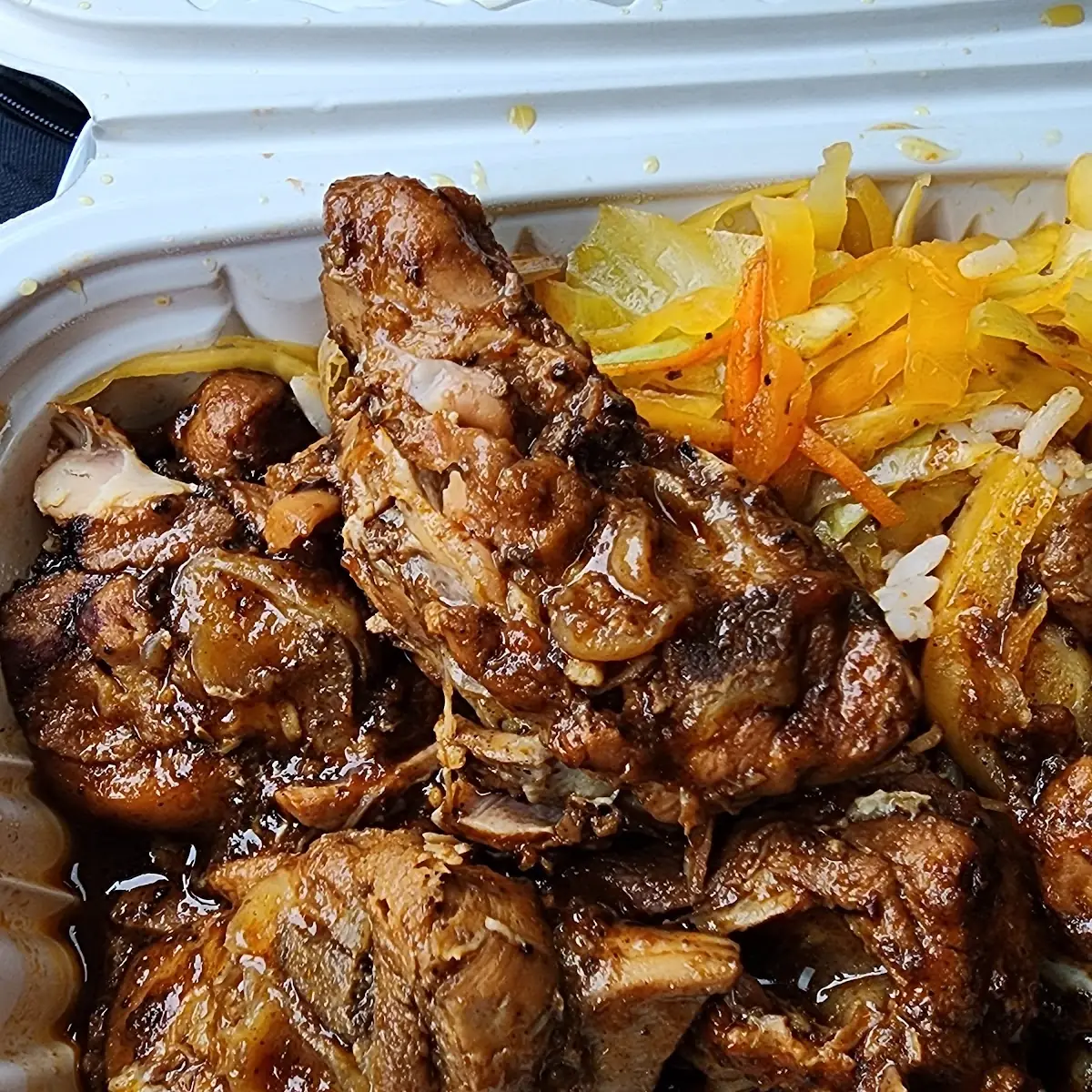 Stew Chicken Medium with Rice & Beans and Cabbage