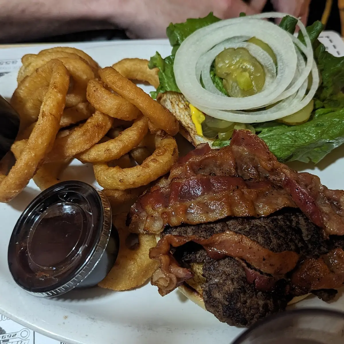 Bacon Hamburger with Onion Rings