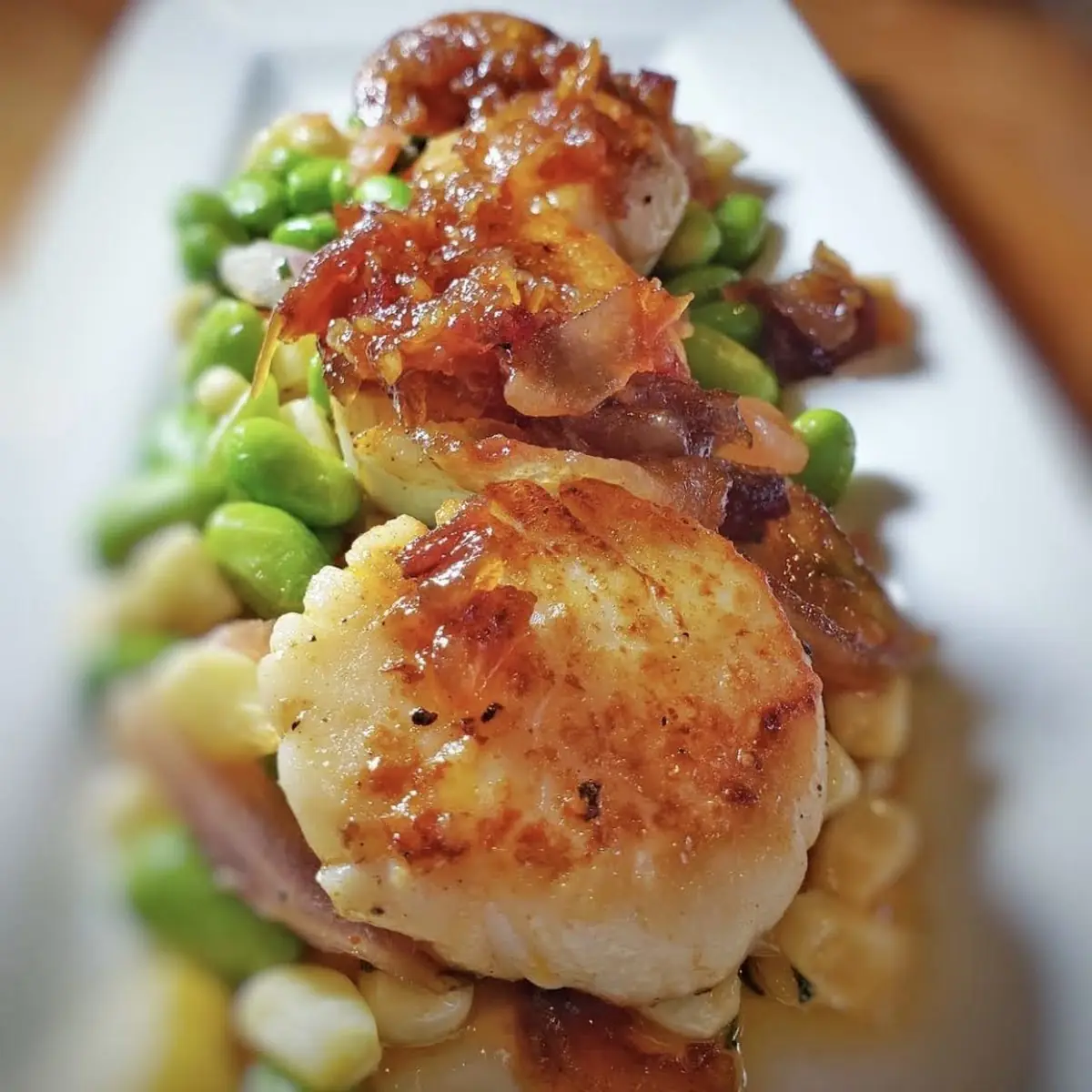 Pan-Seared Scallops New Bedford with Shaved Basil Corn & Bacon Jam