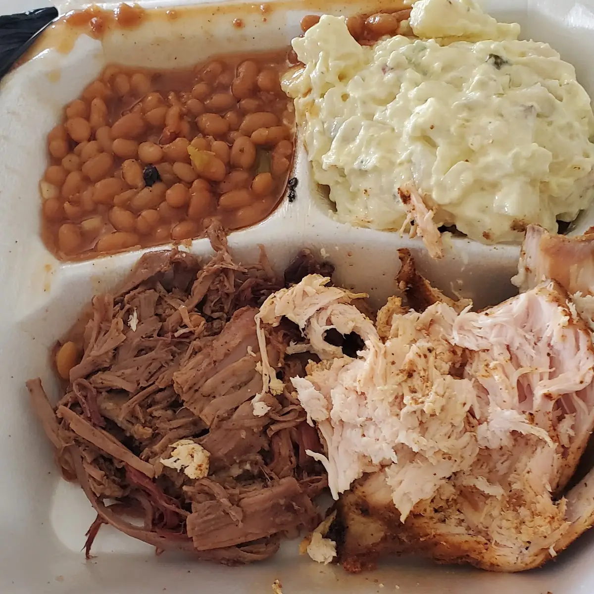 Brisket Chicken BBQ with Beans & Potato Salad