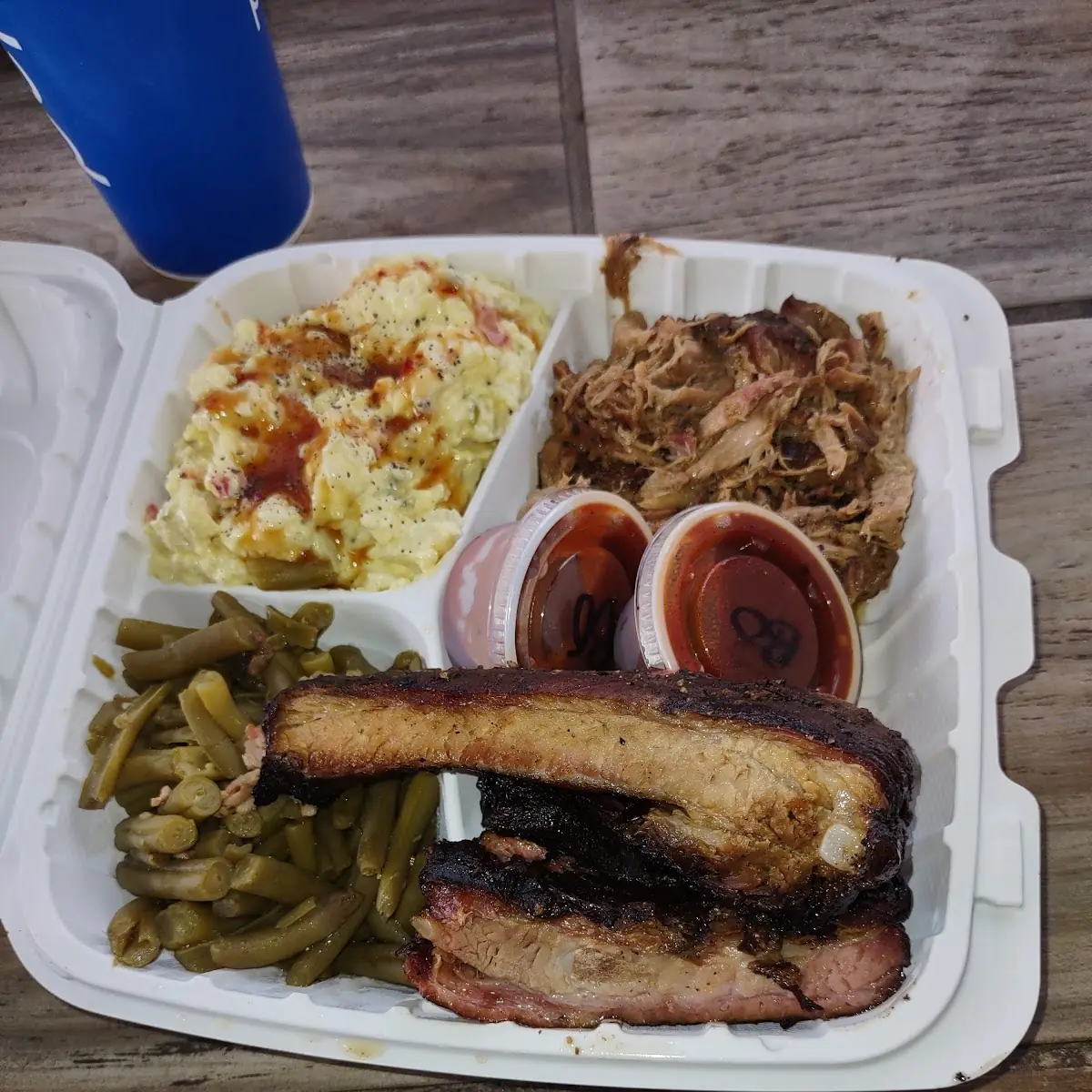 Pulled Pork Ribs Potato Salad and Green Beans