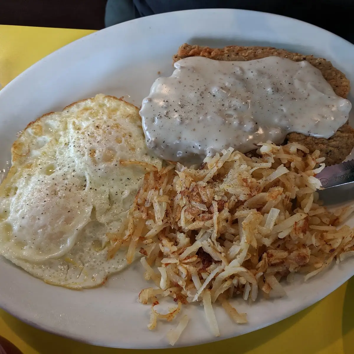 Country Fried Steak Hash Browns and Egg
