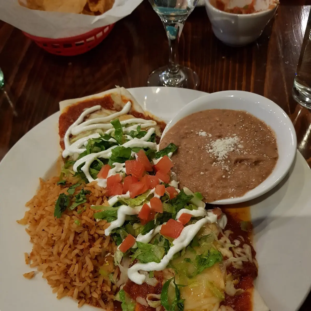 Chicken Enchilada w Suiza and Beef Enchilada Plate with Chili Con Carne