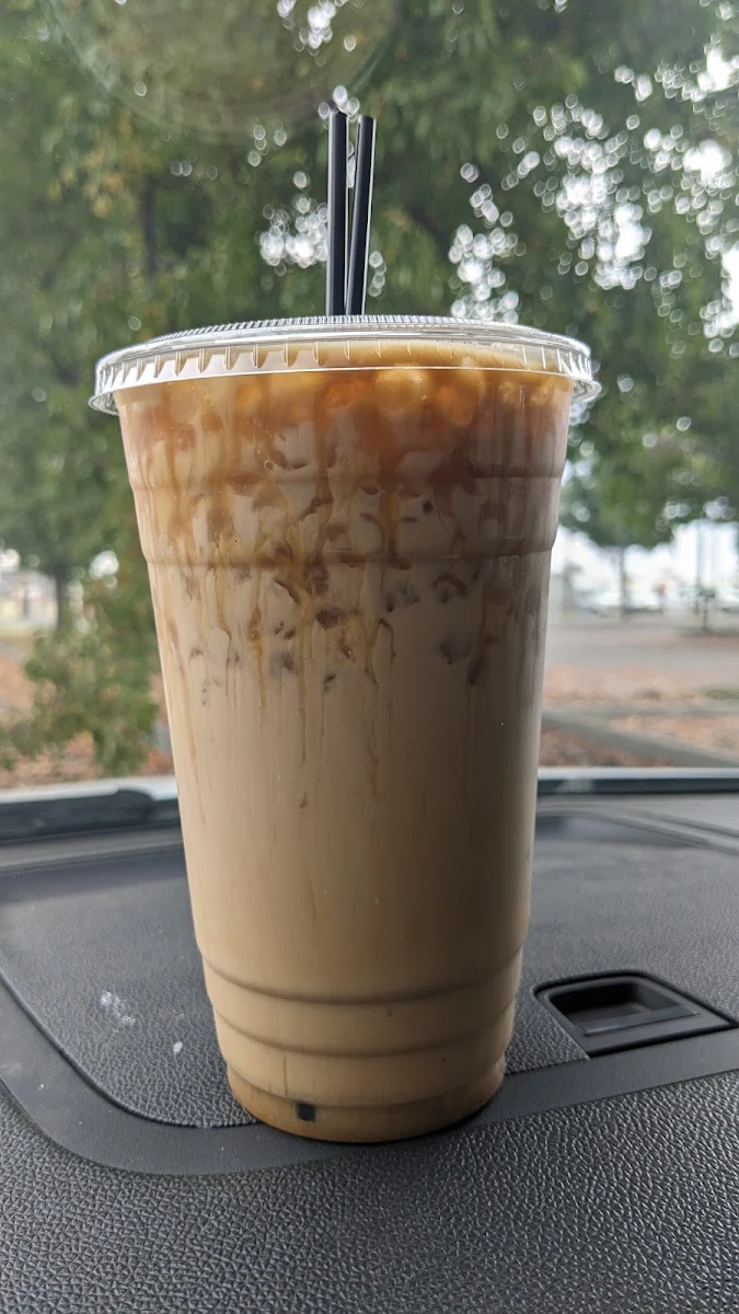 White Chocolate Oak Milk Latte with Carmel Drizzle