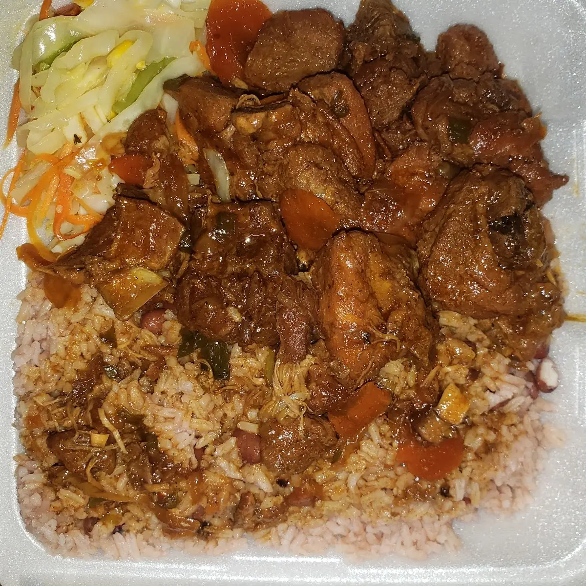 Stew Chicken Rice N Peas Cabbage Slaw