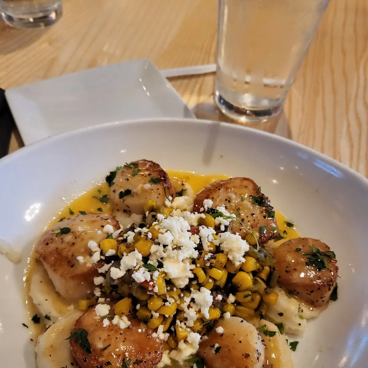 Seared Scallops w Mashed Potatoes and Street Corn
