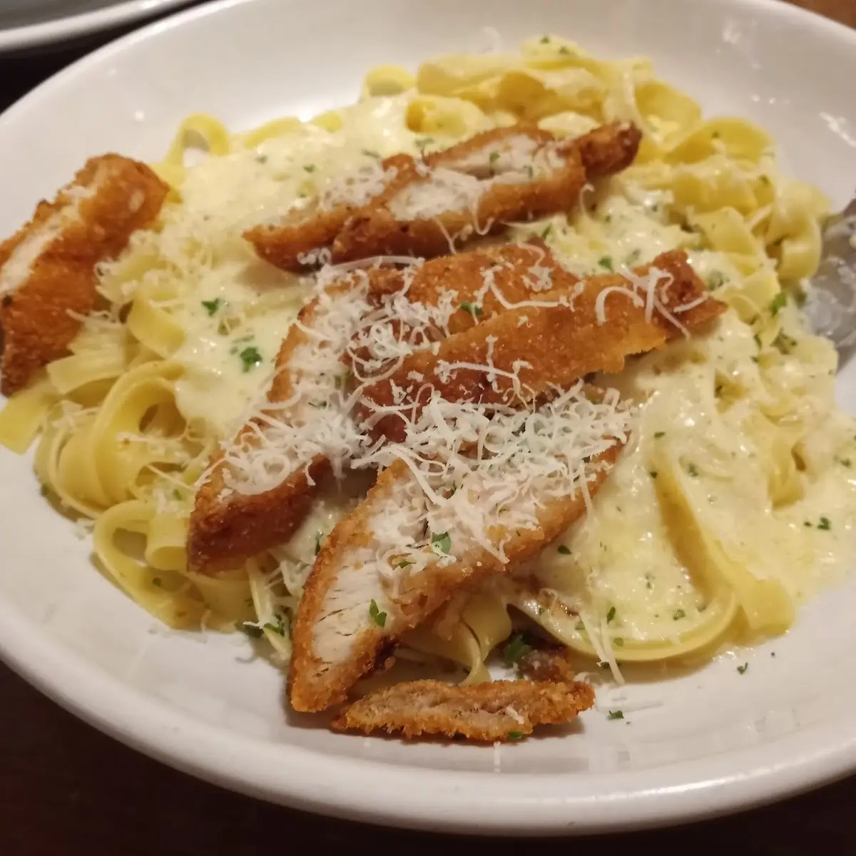 Fettuccine Alfredo with Crispy Chicken Fritta
