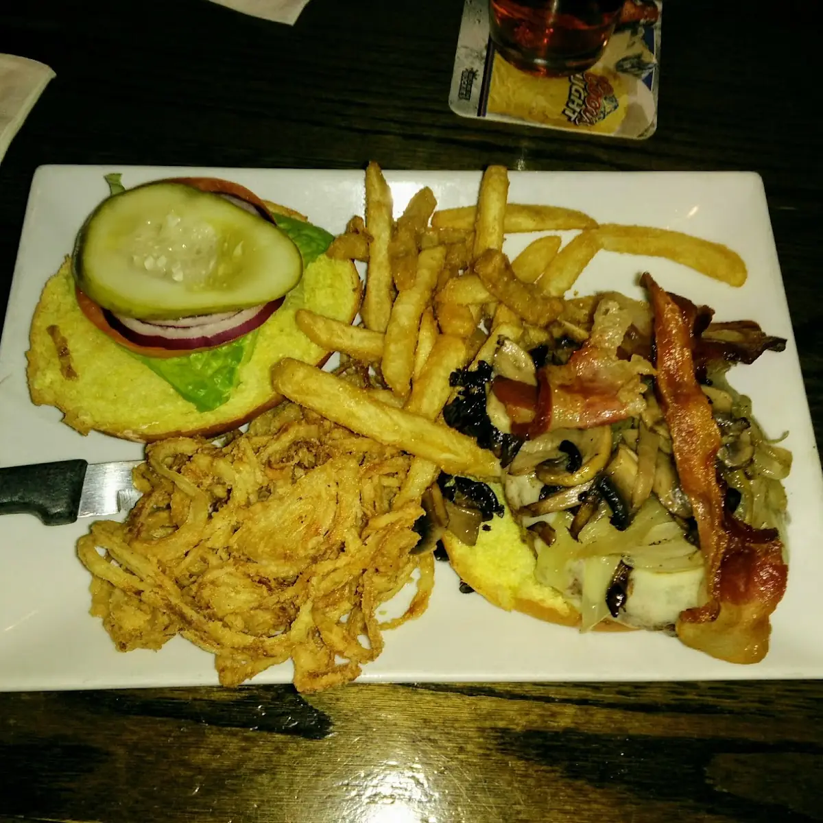 Cowboy Burger Medium Rare Cheese Bacon Pickles Onion Strings French Fries