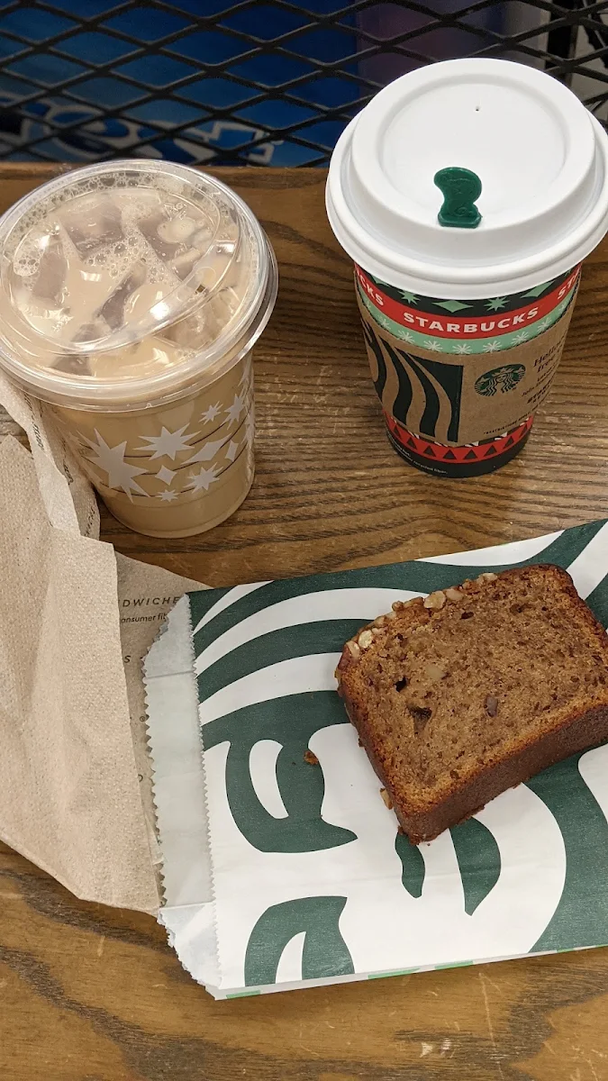 Iced Coffee and a Hot Coffee with One Banana Bread