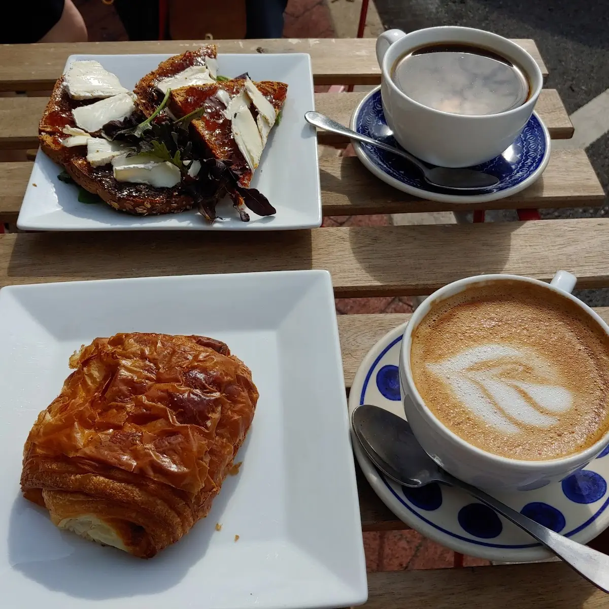Chocolate Croissant Coffee Latte and Fig Jam Brie Toast