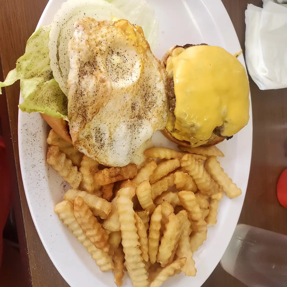 Double Cheeseburger with Fried Egg and French Fries