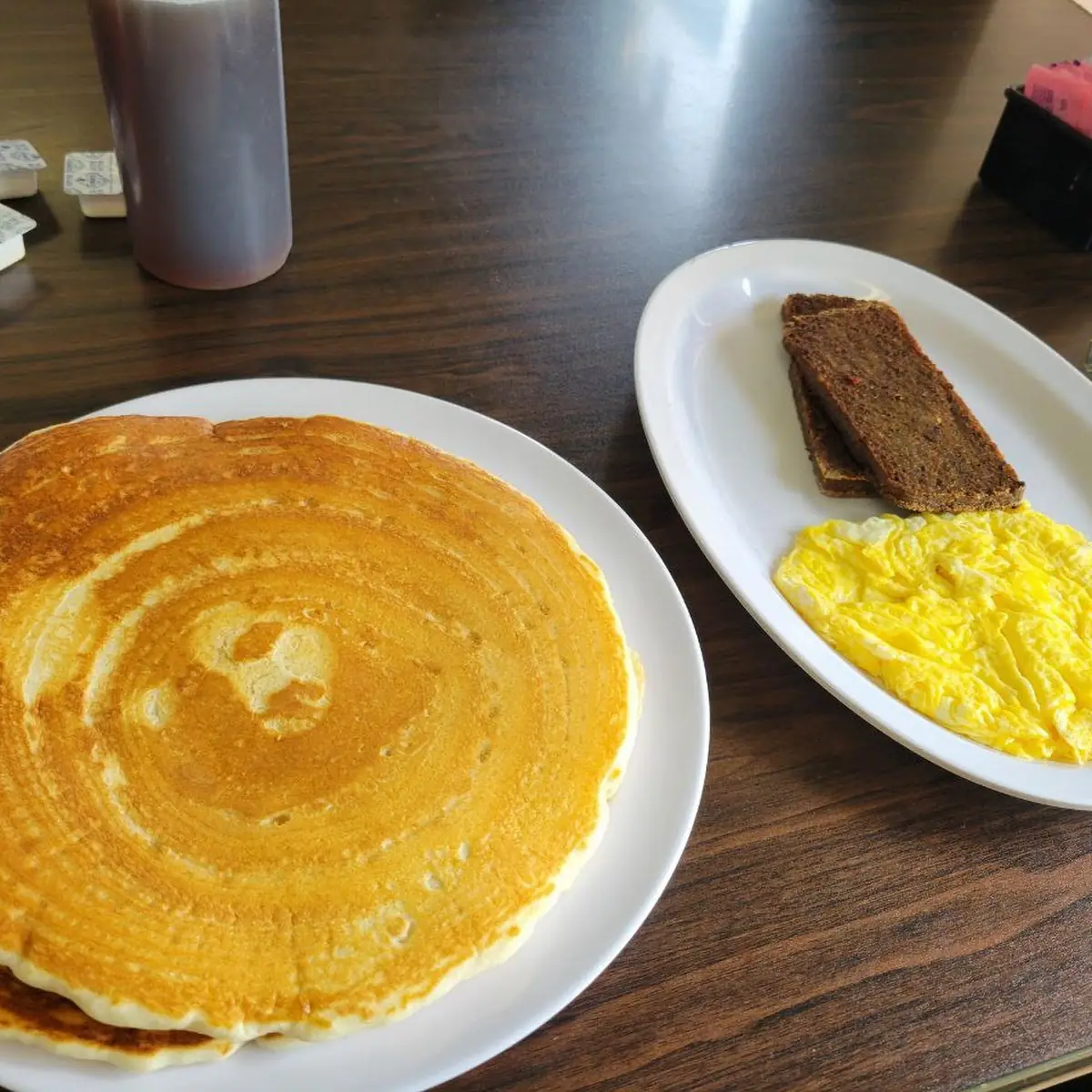 Two Pancakes with Two Eggs and Scrapple