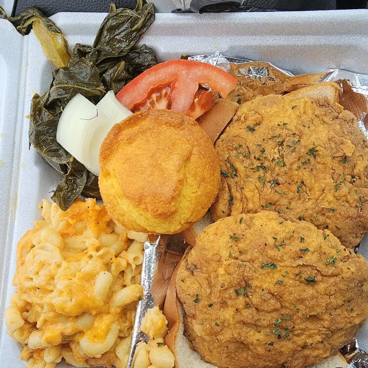 Salmon Dinner with Greens and Mac Cheese