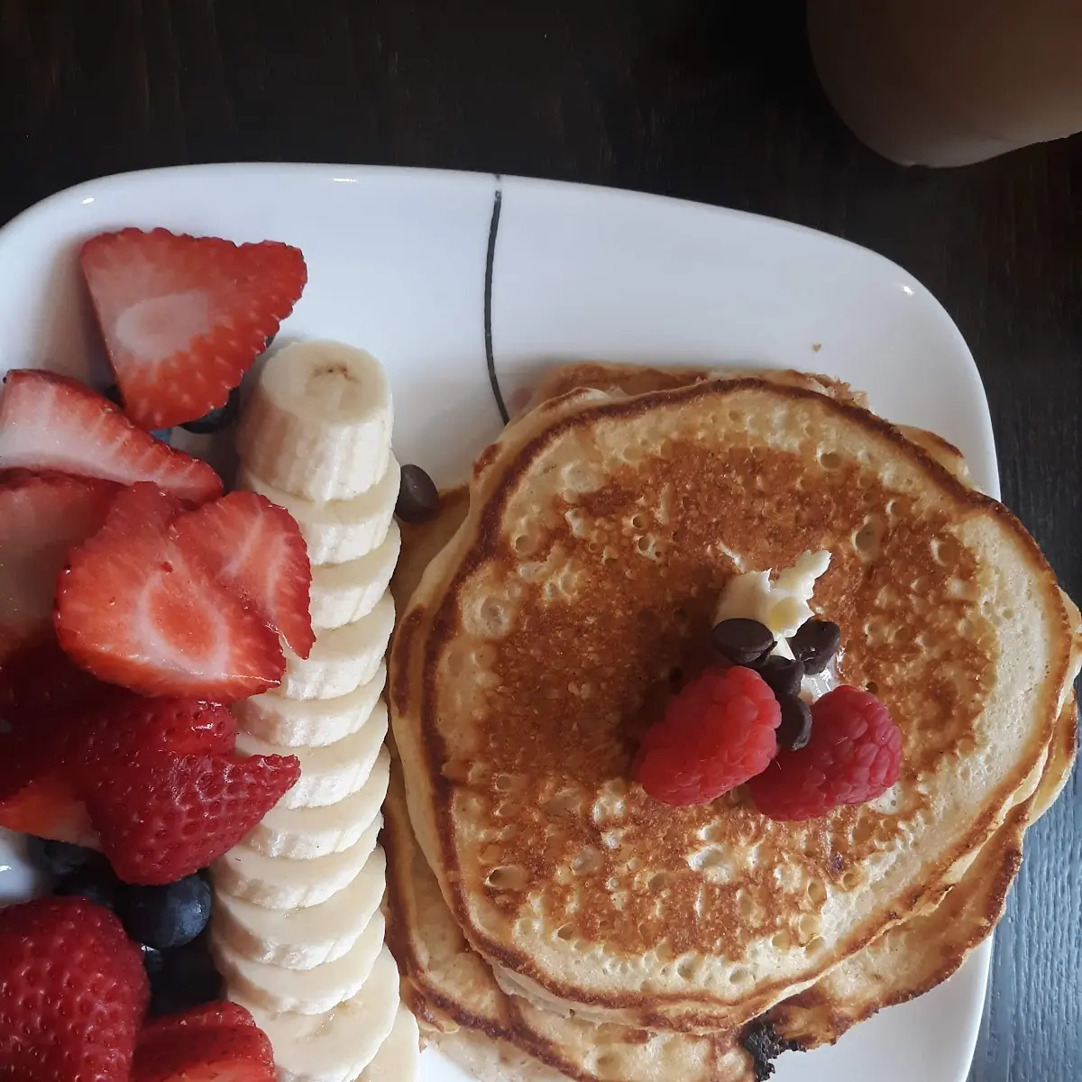 Chocolate Raspberry Pancakes and a Side of Fruit