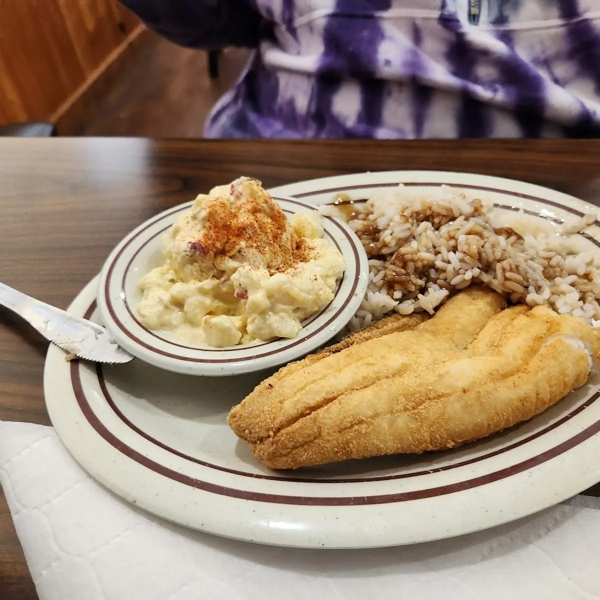 Catfish Potato Salad White Rice and Gravy