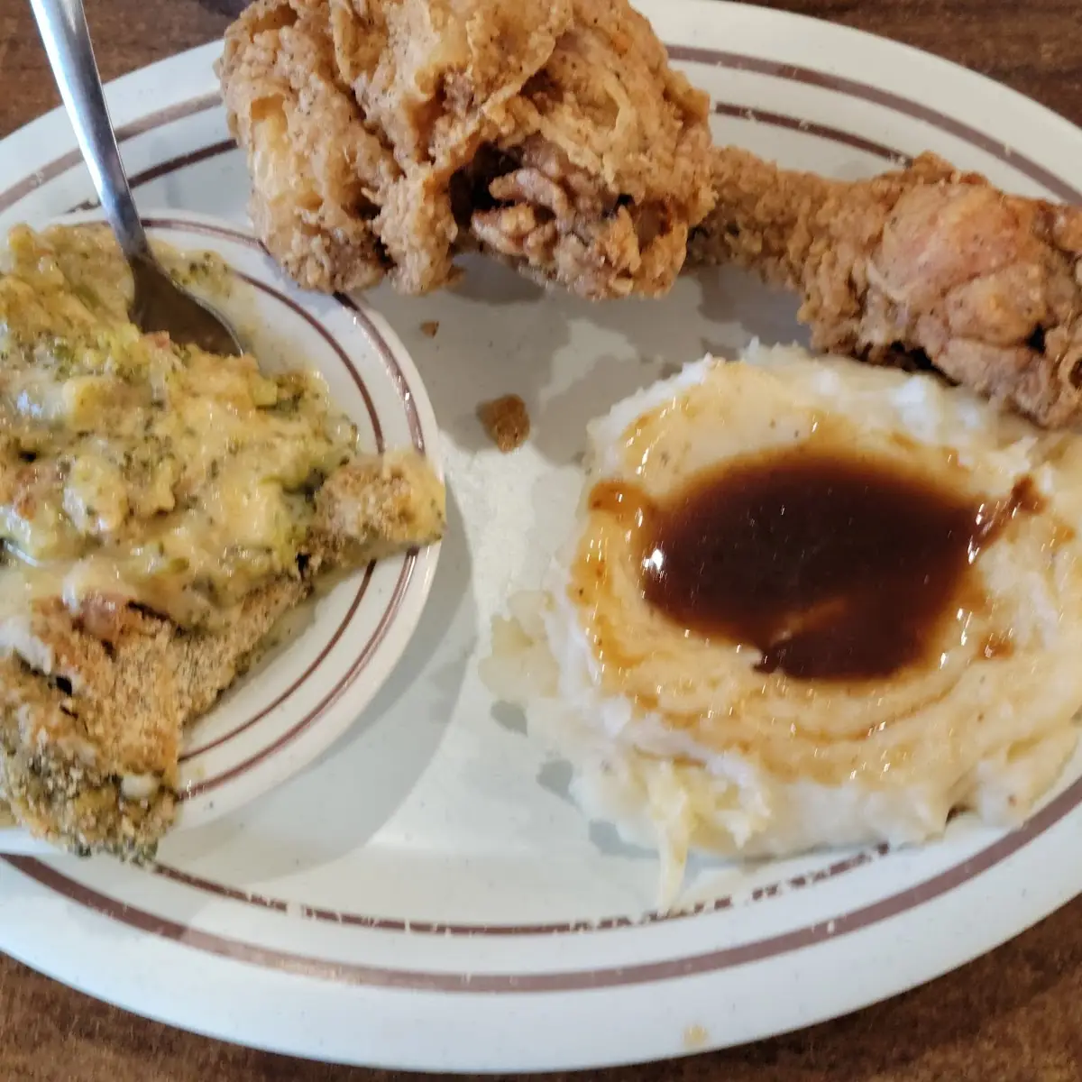 Chicken Fried Chicken with Mashed Potatoes& Broccoli Casserole