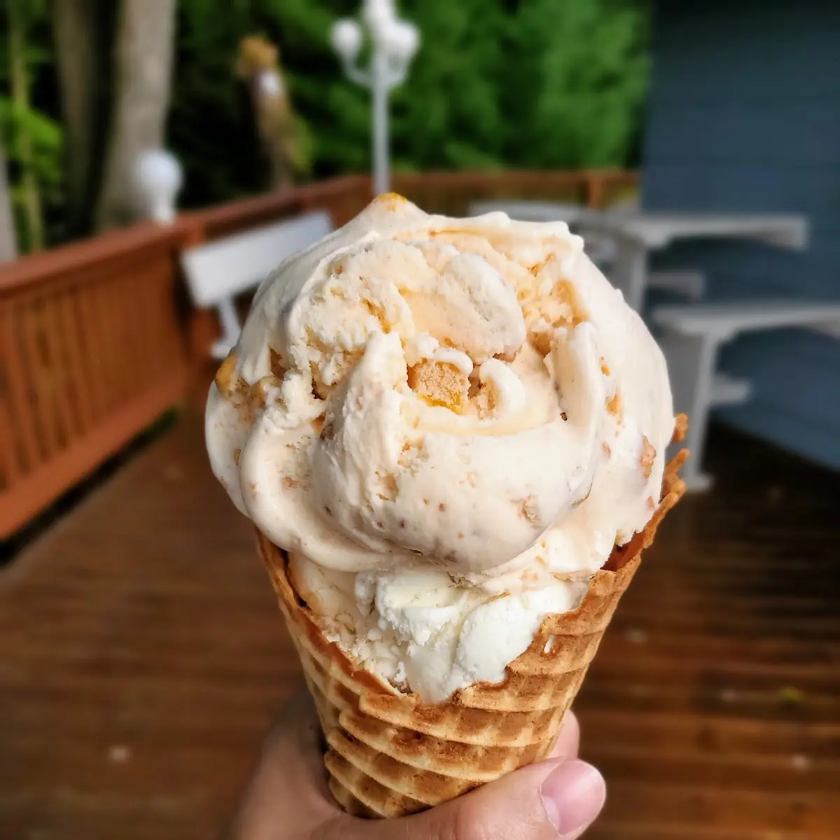 Peach Cobbler Ice Cream in a Waffle Cone