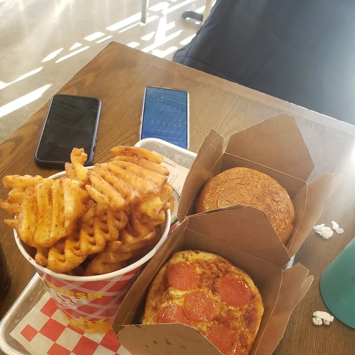 Pizza Burger and Waffle Fries