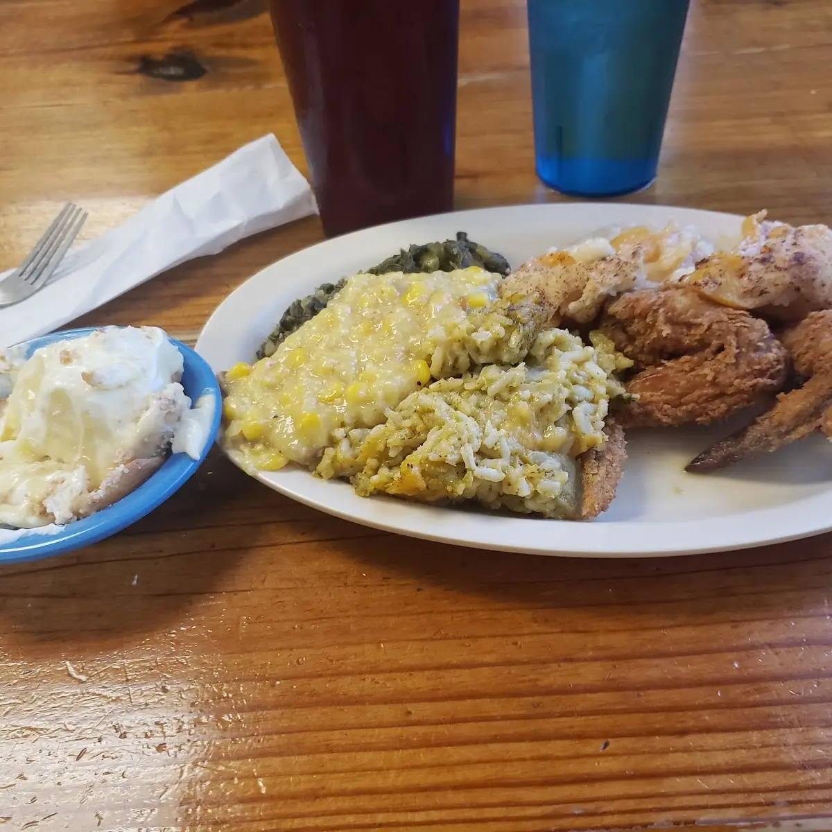 Chicken Broccoli Casserole Cream Corn Greens & Banana Pudding