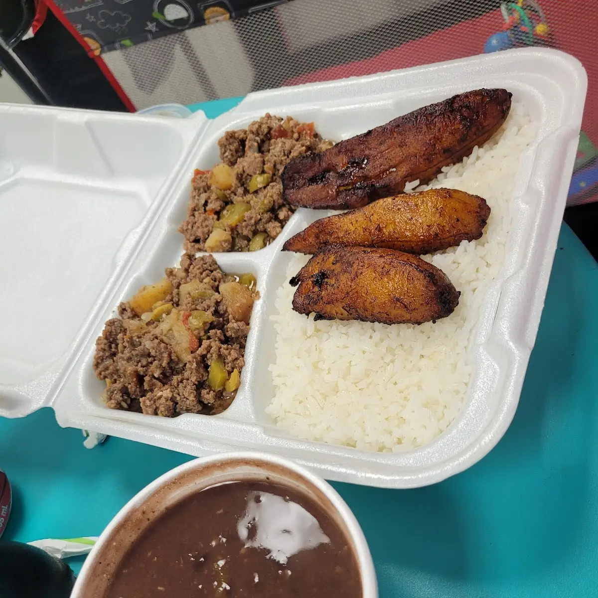 Picadillo with Rice and Beans and Fried Plantain