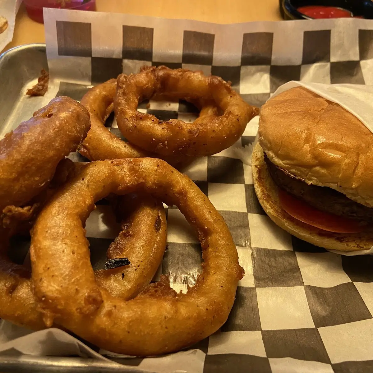 Green Chile Burger with Onion Rings