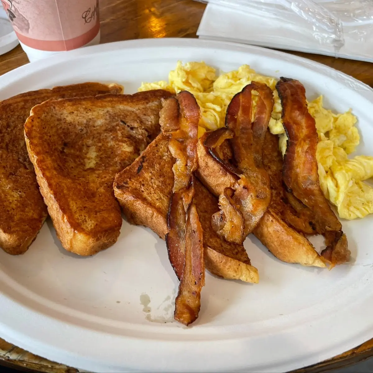 French Toast with Scrambled Eggs and Bacon Well Done