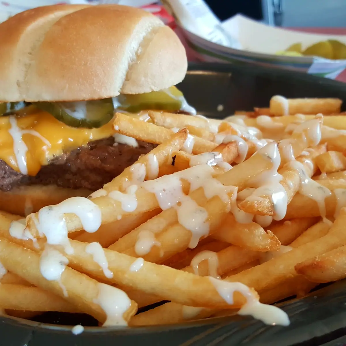 Cheeseburger and Fries with Ranch Dressing