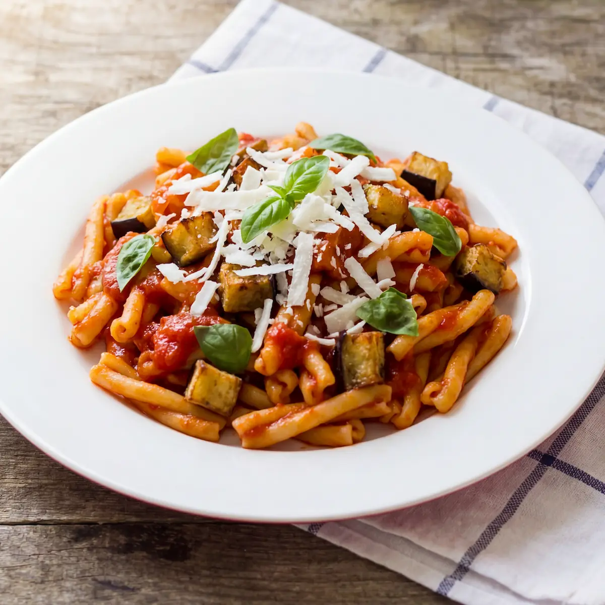 Caserecce Norma with Fried Eggplants Tomato Sauce Basil and Ricotta Cheese on Top