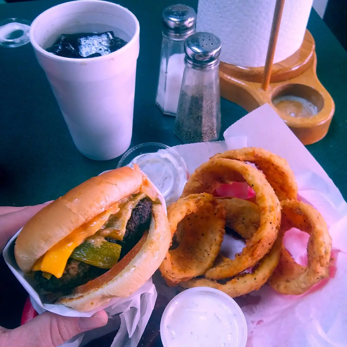 Chile Burger and Onion Rings