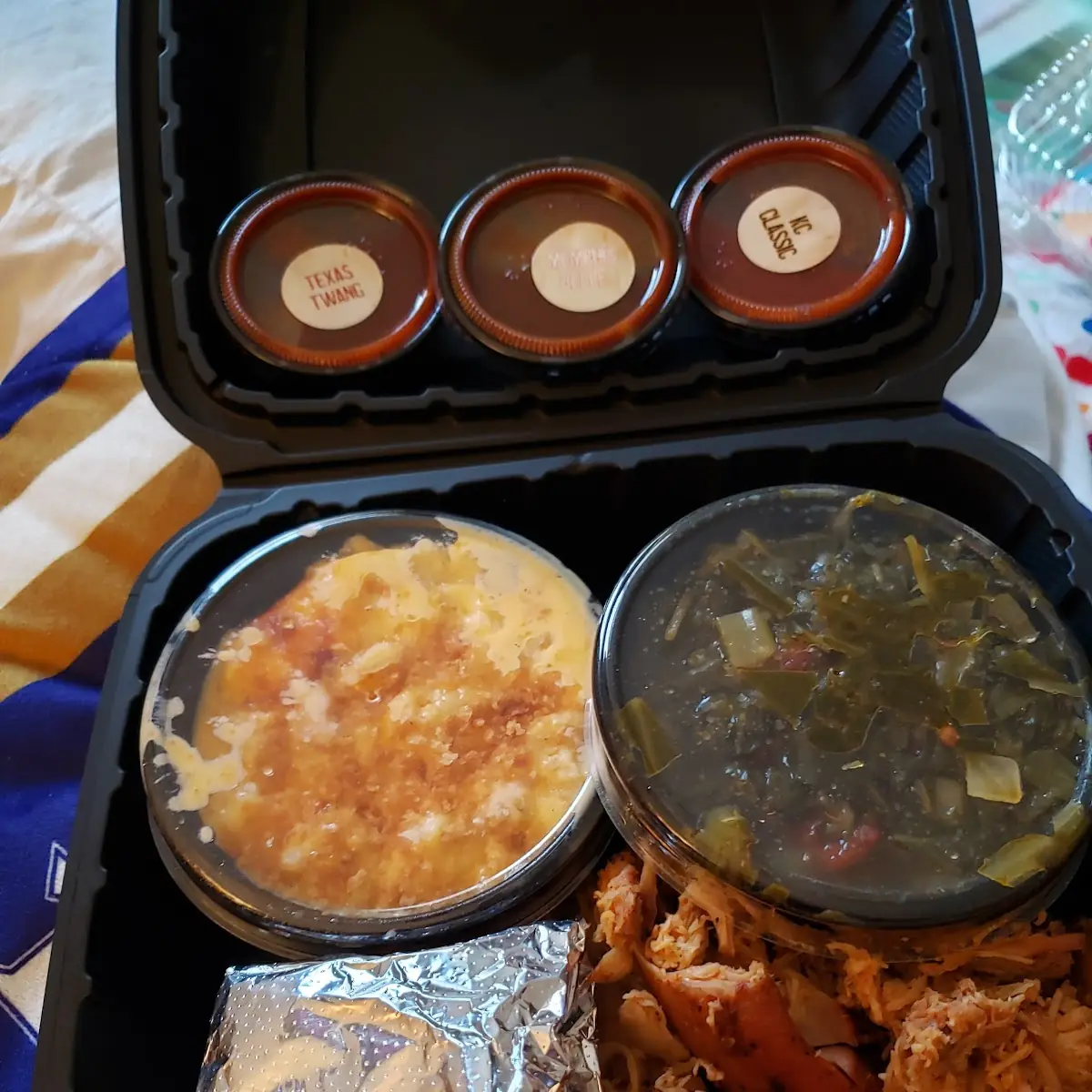 Pulled Chicken Mac and Cheese Collard Greens
