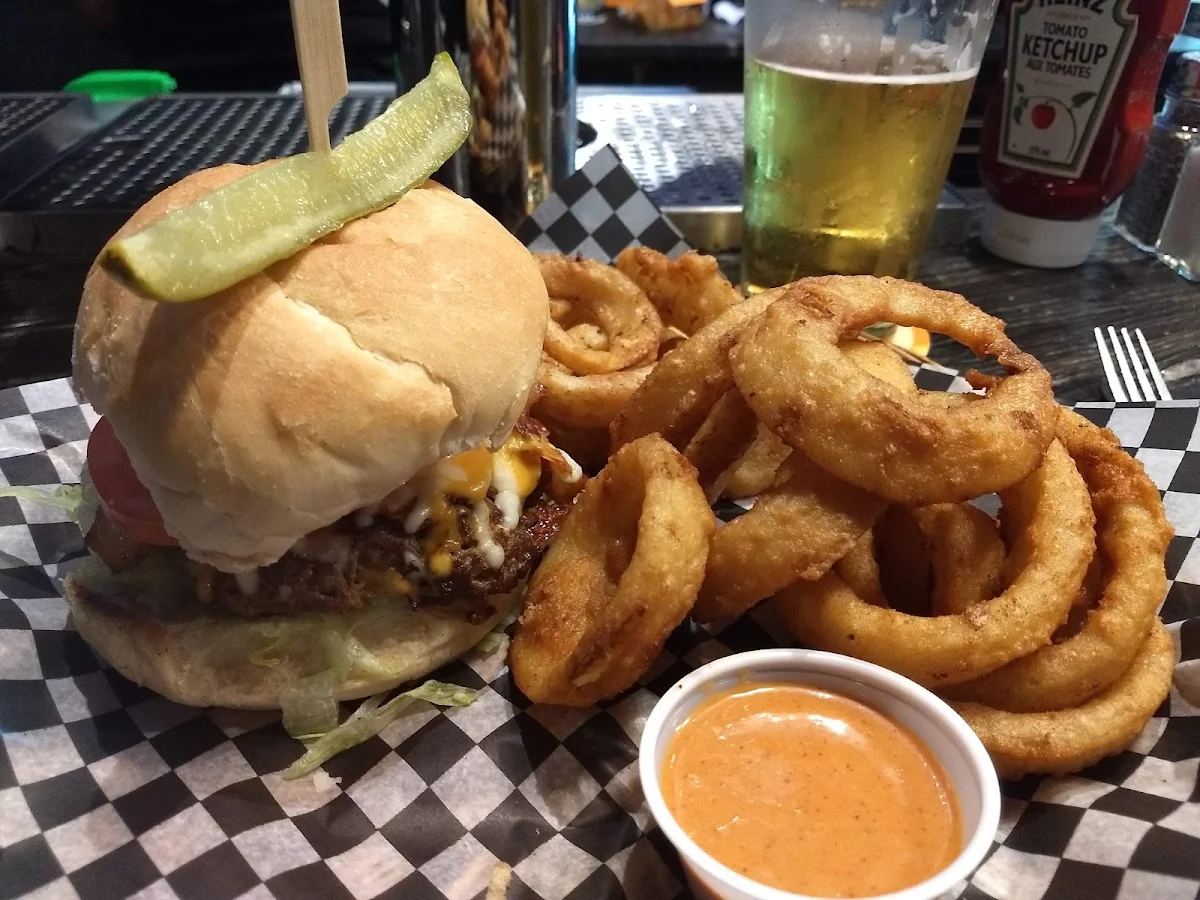 Bacon Cheeseburger with Onion Rings, M&M Bar and Grill