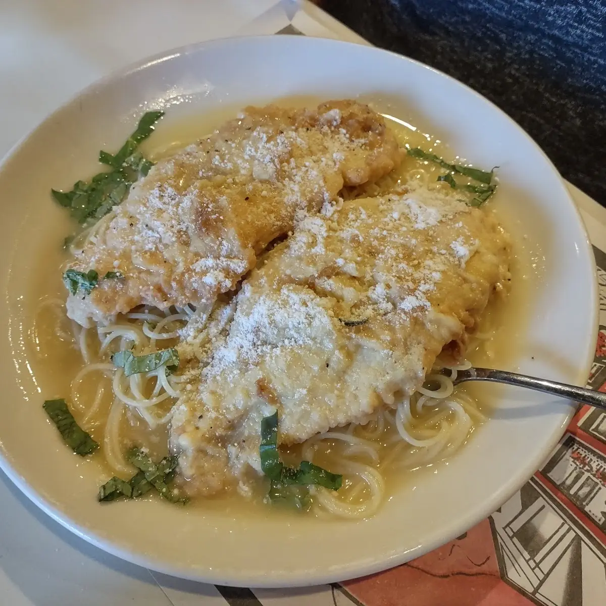 Chicken Francese over Angle Hair Pasta