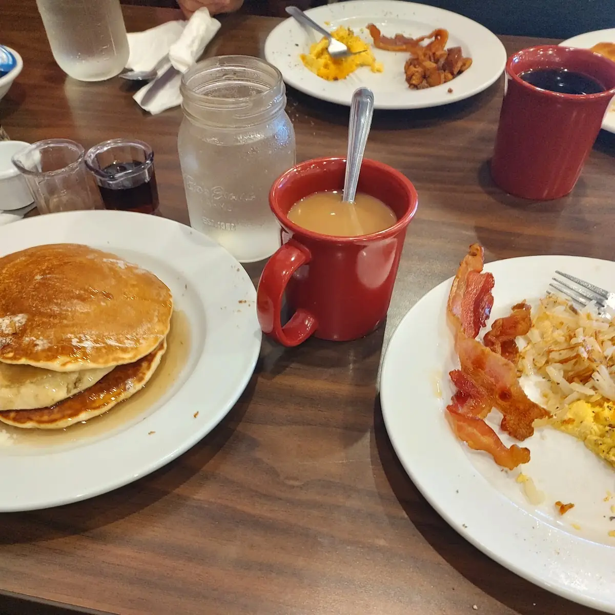 Hash Browns Bacon Scrambled Eggs with Cheese and Pancakes