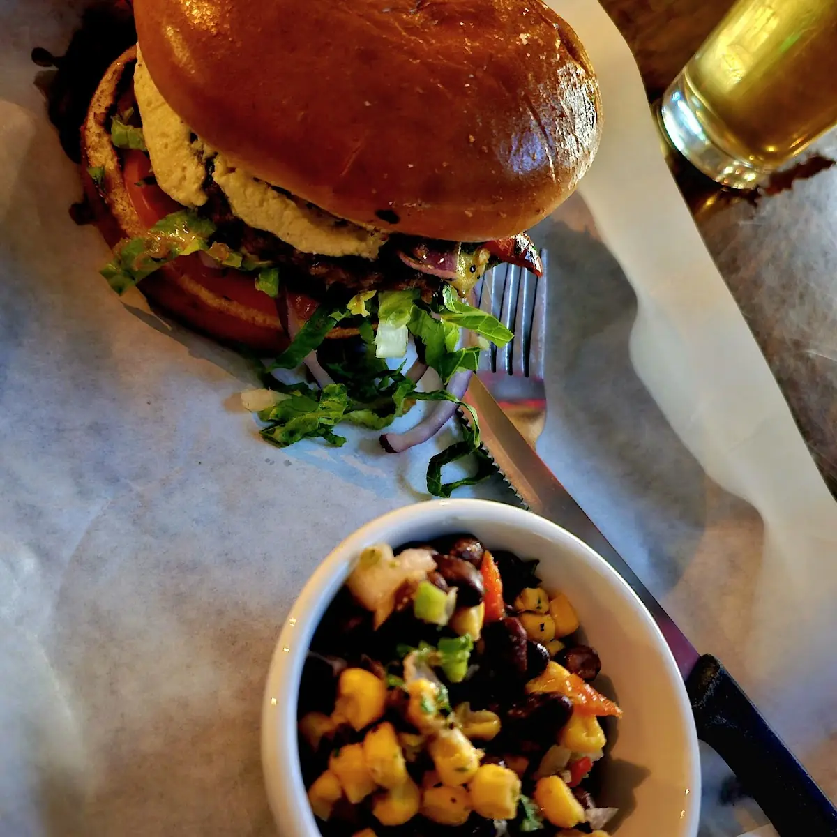 Burger with Black Beans and Corn Salad