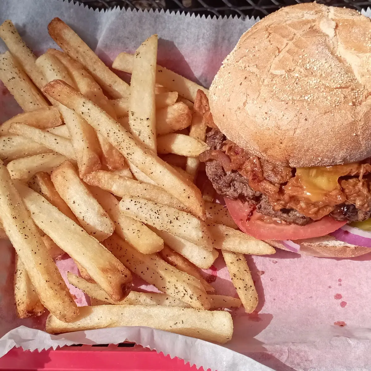 Greensburger with Pulled Pork and French Fries