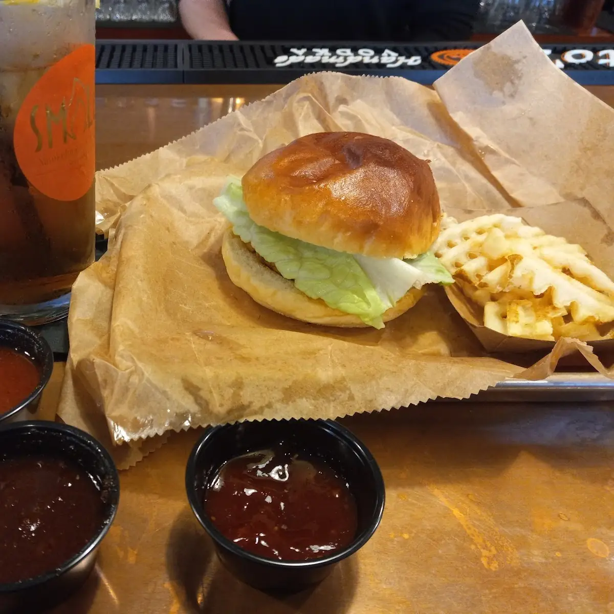 Salmon Sandwich and Waffle Fries