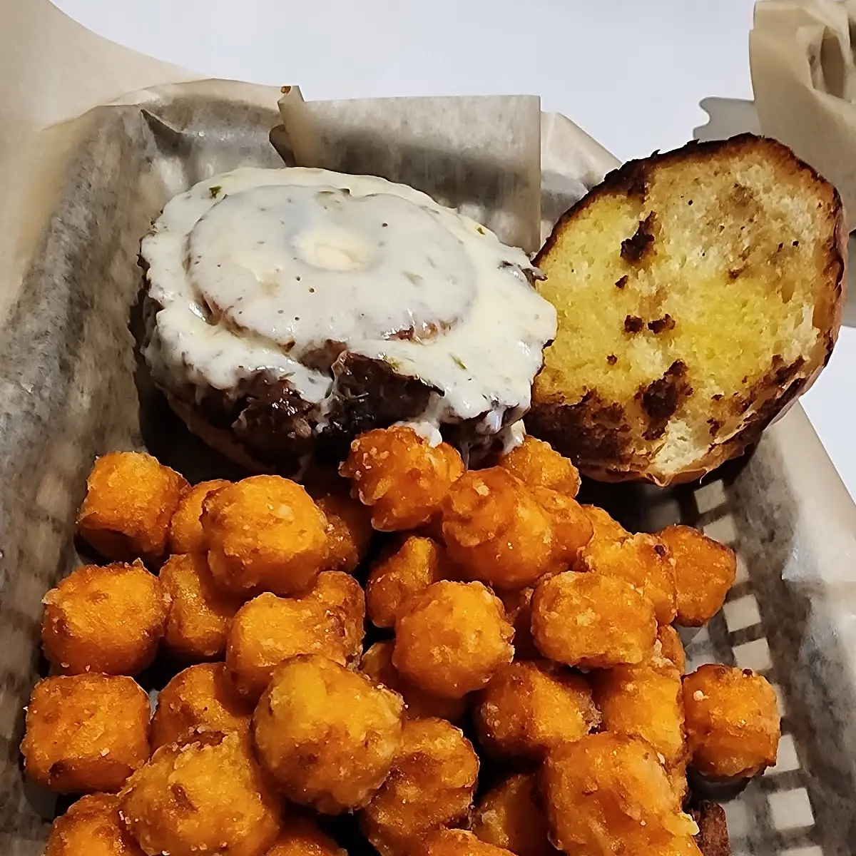 Johns Burger with Sweet Potato Tots