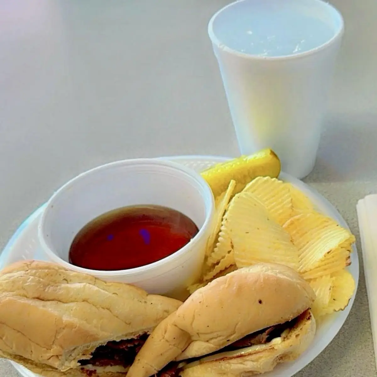 French Dip Sandwich with Chips and Pickle