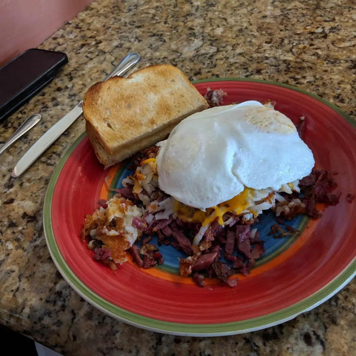 Dierk’S Corned Beef Hash with Cheddar Cheese Hash Browns and Eggs Any Style